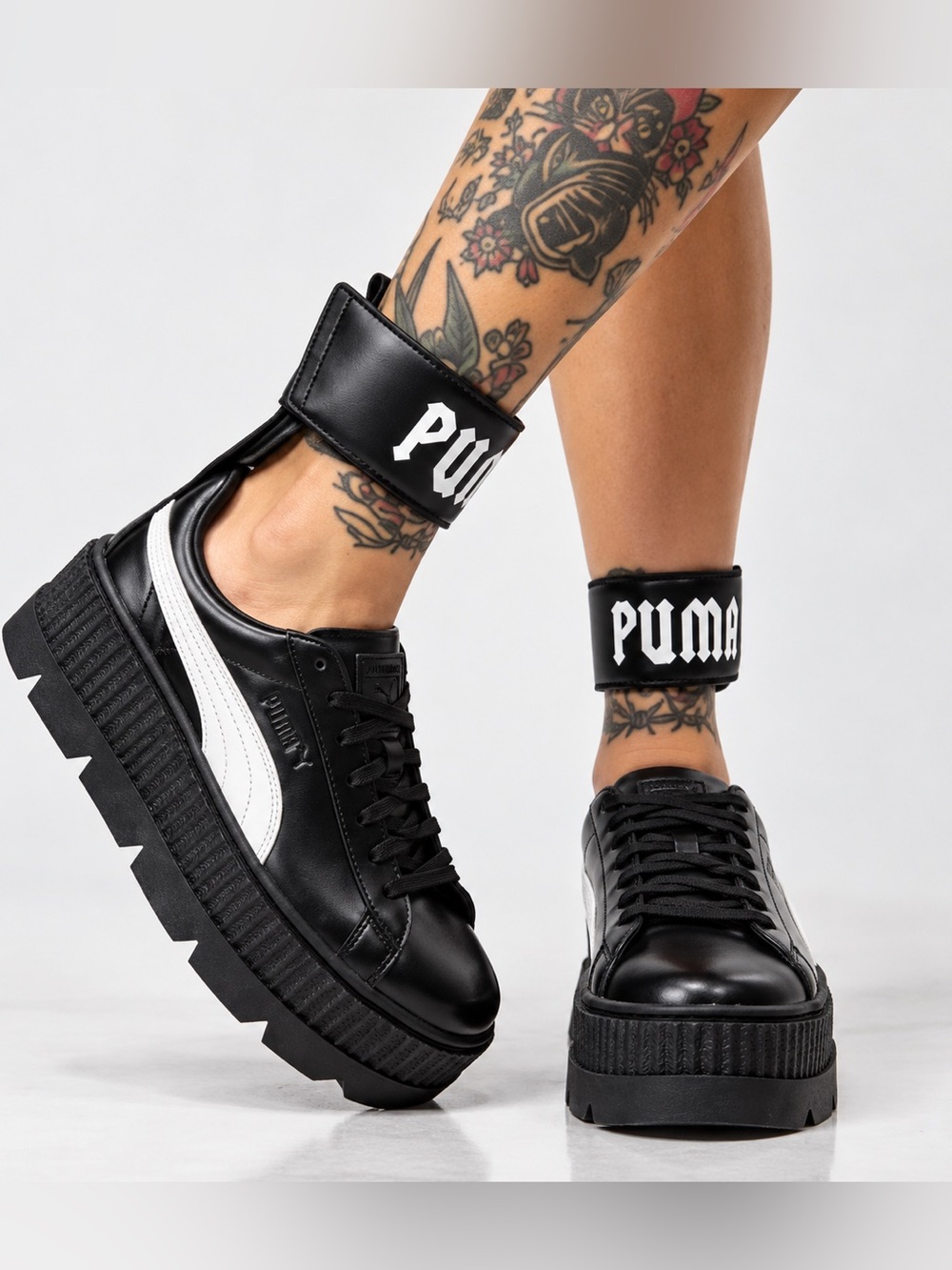 2017 Fenty x Puma Ankle Strap Creeper Black Leather Platform Sneakers Rhianna